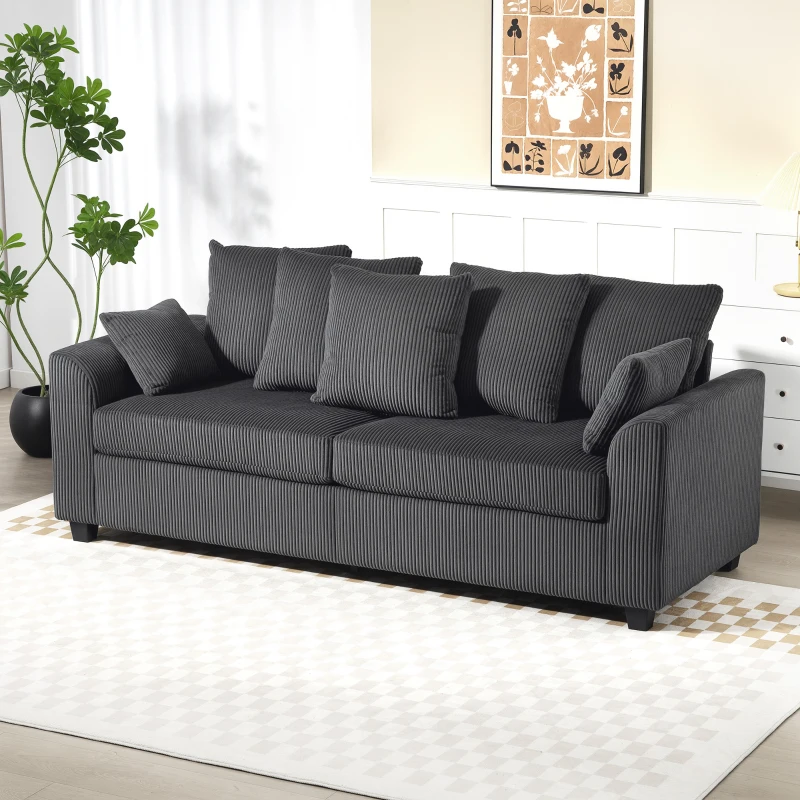 HOMCOM Corduroy Couch, 3 Seater Sofa, Modern Upholstered Couch with Curved Armrests and 8 Removable Pillows, Dark Grey