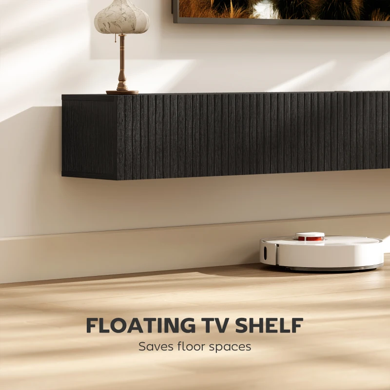 HOMCOM 71" Floating TV Stand for TVs up to 72 Inch, Wall Mount Media Console with 2 Fluted Flip-Down Doors, Cable Hole, Black