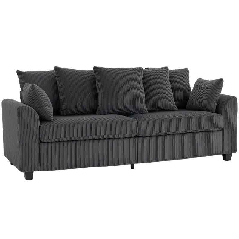 HOMCOM Corduroy Couch, 3 Seater Sofa, Modern Upholstered Couch with Curved Armrests and 8 Removable Pillows, Dark Grey