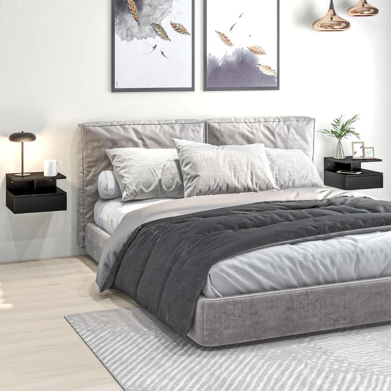 HOMCOM Floating Nightstand Set of 2, Wall Mounted Bedside Table with Drawer and Shelf, Small Night Stand for Bedroom, Black