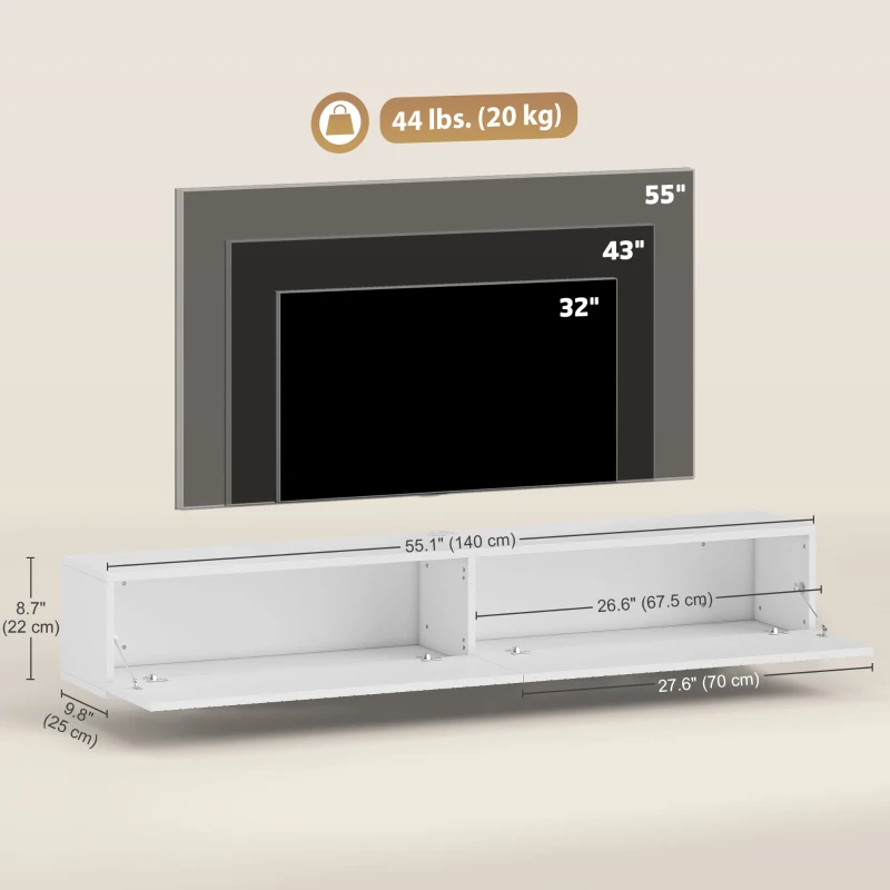 HOMCOM 55" Floating TV Stand for TVs up to 72 Inch, Wall Mount Media Console with 2 Fluted Flip-Down Doors, Cable Hole, White