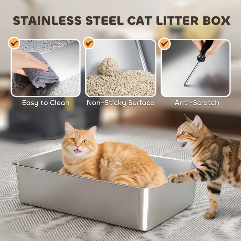PawHut 80L XL Stainless Steel Cat Litter Box for Big Cats with Flip Cover, Pull-Out Drawer Tray, High Sided, Pedal, Dark Grey