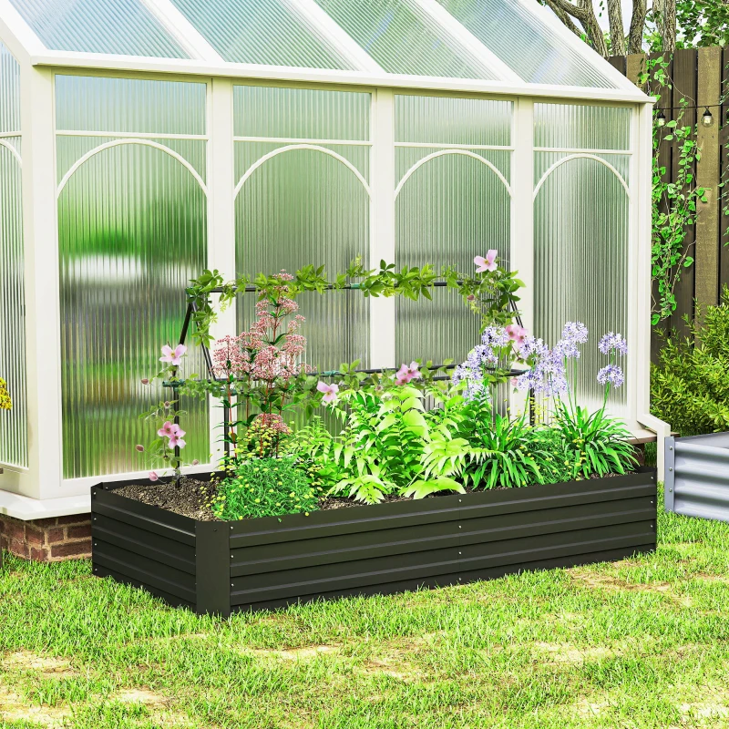 Outsunny 6' x 3' x 1' Raised Garden Bed with 2 Trellis Tomato Cages, Steel Frame Elevated Planter Box, Black