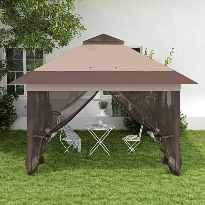 Outsunny 12' x 12' Foldable Pop-up Party Tent Instant Canopy Sun Shade Gazebo Shelter Steel Frame Oxford w/ Roller Bag, Brown