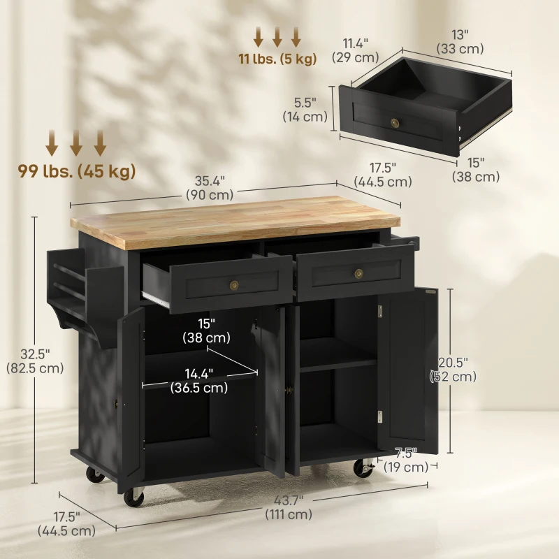 HOMCOM Rolling Kitchen Island with Rubber Wood Top and Storage, Spice Rack, Towel Rack, Black