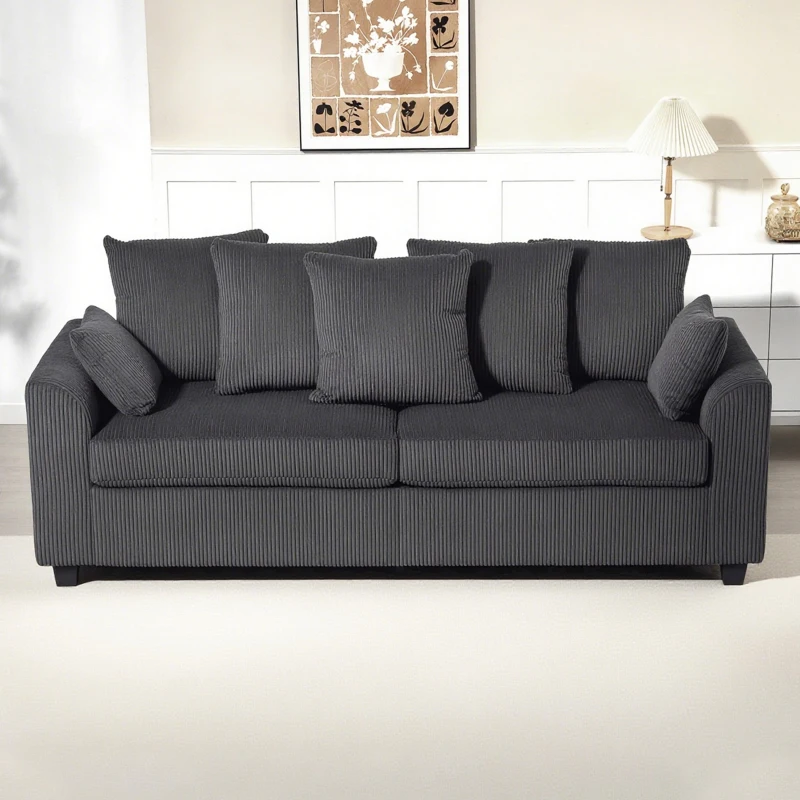HOMCOM Corduroy Couch, 3 Seater Sofa, Modern Upholstered Couch with Curved Armrests and 8 Removable Pillows, Dark Grey