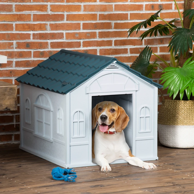 PawHut 26" Plastic Dog House Outdoor with Air Vents, for Small Medium Dogs, Blue