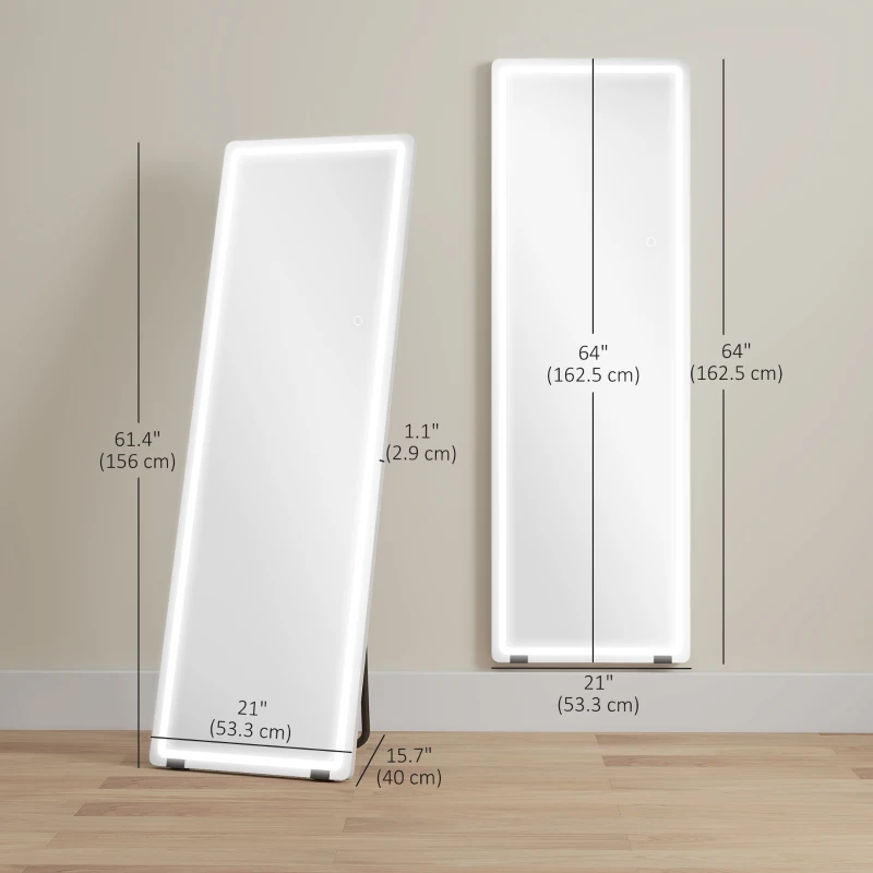 HOMCOM LED Full Length Mirror, Standing Body Mirror with 3 Colour Lighting for Bedroom Living Room