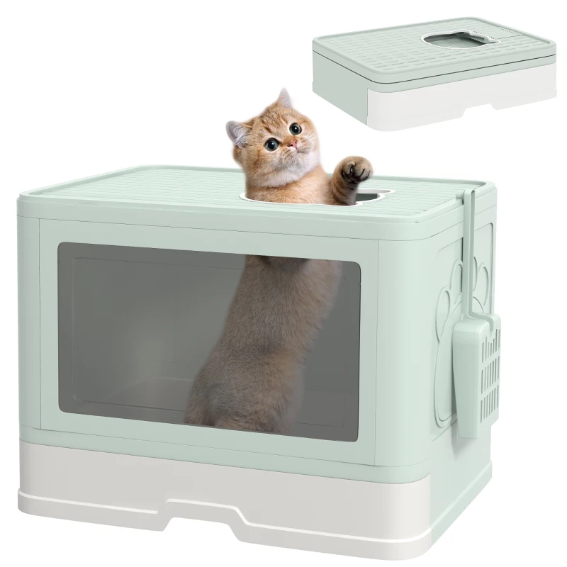 PawHut Cat Litter Box, Front Enter & Top Exit Cat Litter Tray with Scoop, Pull-out Tray, Easy to Clean, Green