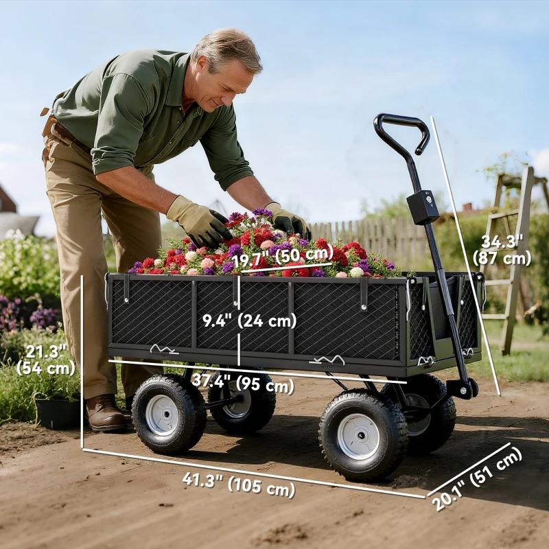 Outsunny Steel Garden Cart, Utility Wagon Cart with Removable Liner, Quick-Release Sides, 10" Wheels, 660lbs Capacity