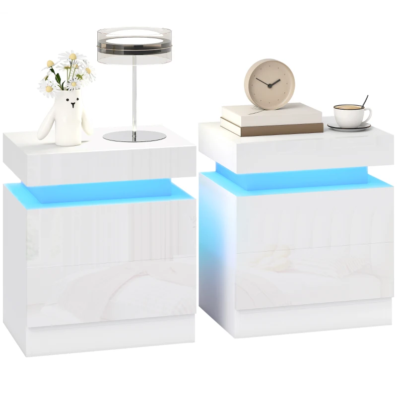 HOMCOM Nightstand Set of 2, End Side Tables with LED Lights, Bedside Tables with 2 Drawers, for Bedroom, White