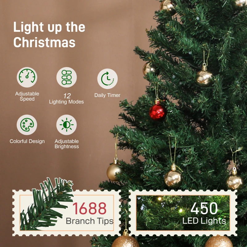 HOMCOM 7.5ft Prelit Christmas Tree with RGB Dynamic LEDs, Remote Control, Daily Timer, Hinged Xmas Tree, Easy Assembly