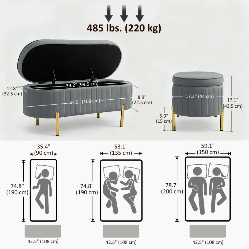 HOMCOM Upholstered Bedroom Bench, Channel Tufted Ottoman Bench with Thick Padding and Metal Legs, Grey