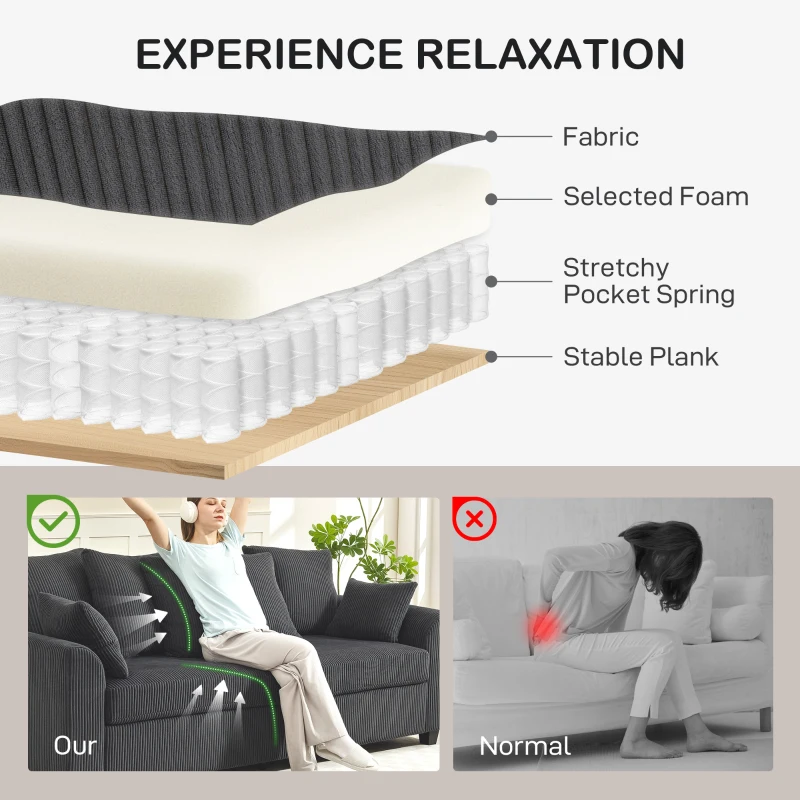 HOMCOM Corduroy Couch, 3 Seater Sofa, Modern Upholstered Couch with Curved Armrests and 8 Removable Pillows, Dark Grey