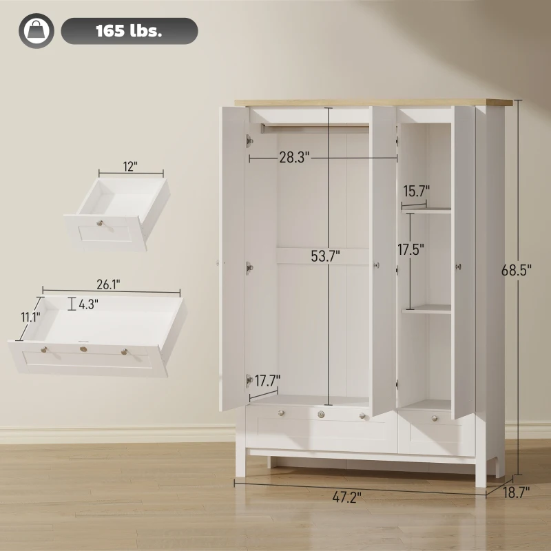 HOMCOM 3 Doors Wardrobe Closet with 2 Drawers, Bedroom Armoire with Lockable Drawer, Hanging Rod and Storage Shelves, White