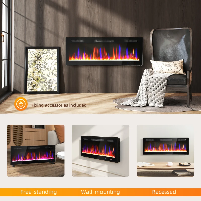 HOMCOM 50" Thin Electric Fireplace, Freestanding, Wall Mounted Fireplace Heater with Eco Mode, Auto Switch, Remote, 1500W