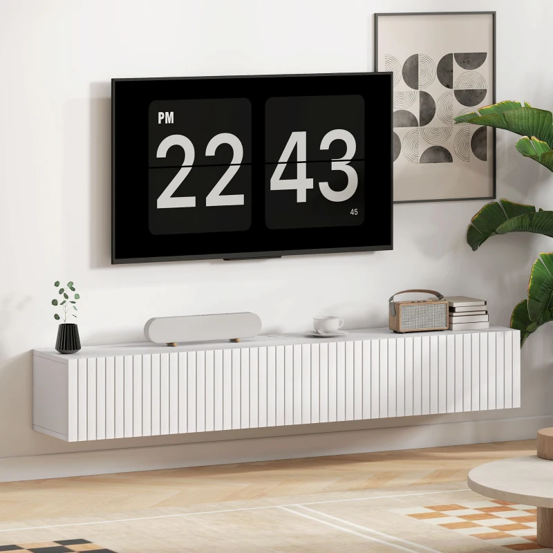 HOMCOM 55" Floating TV Stand for TVs up to 72 Inch, Wall Mount Media Console with 2 Fluted Flip-Down Doors, Cable Hole, White