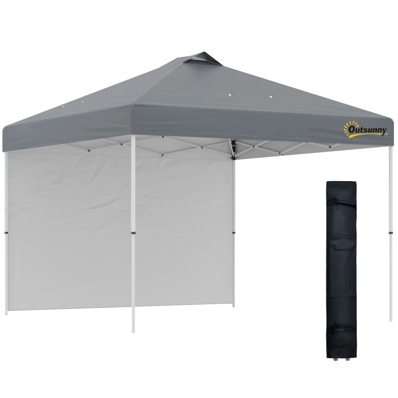 Outsunny 10' x 10' Pop Up Canopy Tent with Adjustable Height, 1 Sidewall, and Wheeled Carry Bag for Outdoor, Garden, Patio, Grey
