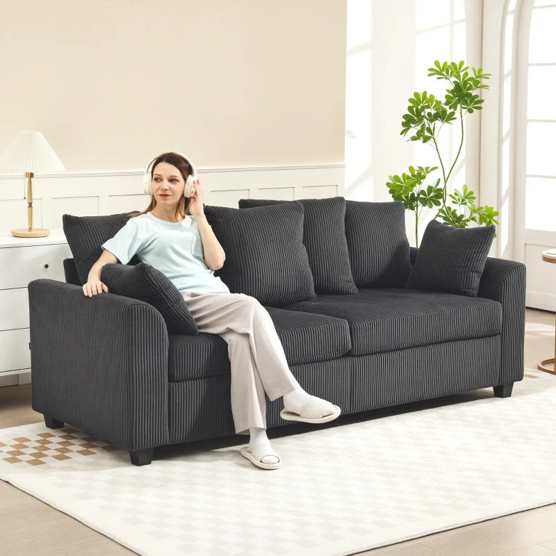 HOMCOM Corduroy Couch, 3 Seater Sofa, Modern Upholstered Couch with Curved Armrests and 8 Removable Pillows, Dark Grey