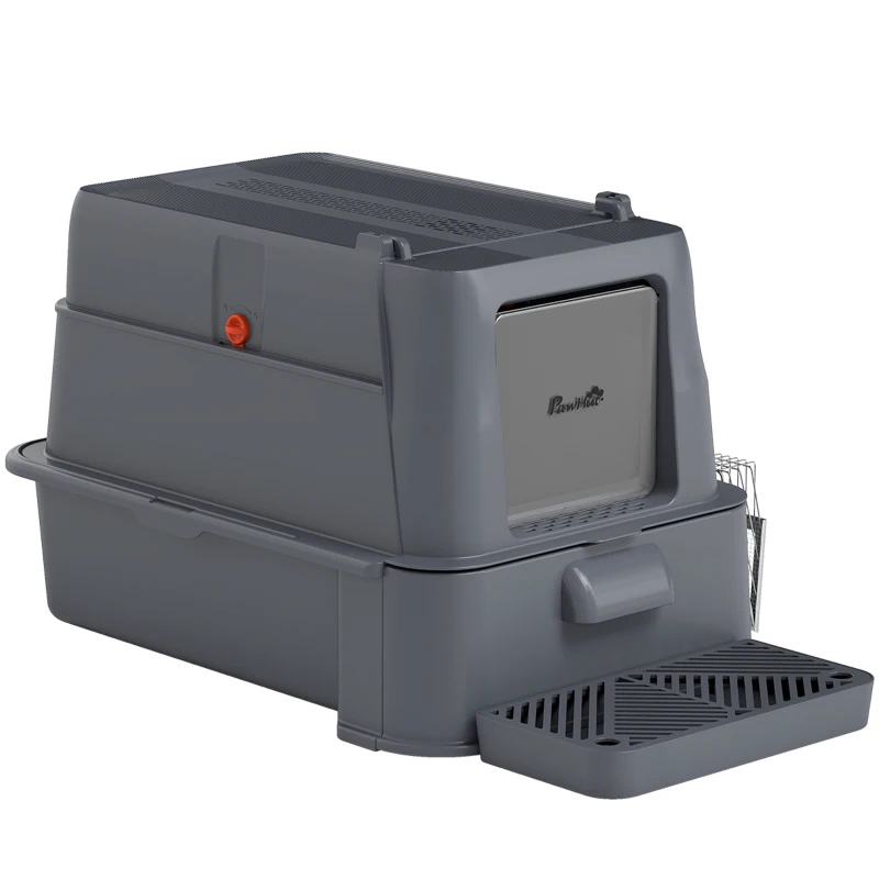 PawHut 80L XL Stainless Steel Cat Litter Box for Big Cats with Flip Cover, Pull-Out Drawer Tray, High Sided, Pedal, Dark Grey
