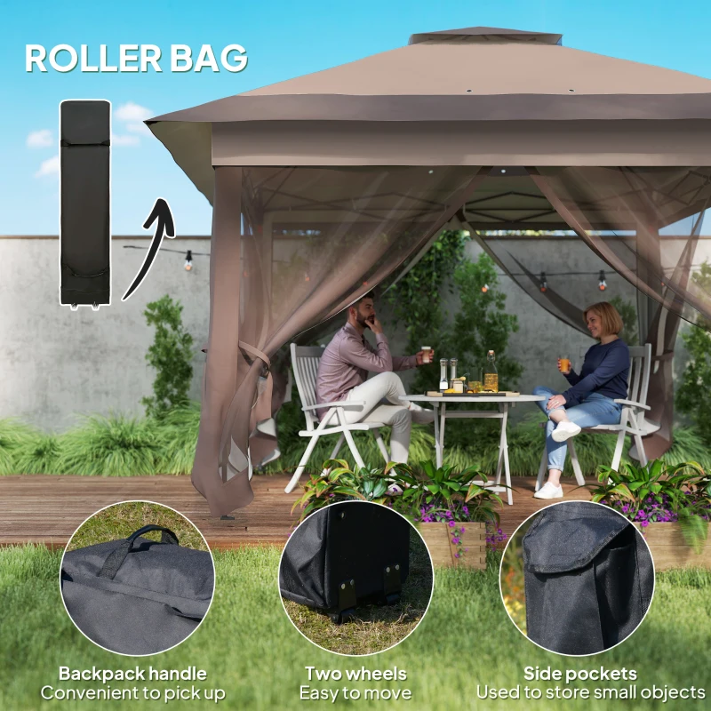 Outsunny 12' x 12' Foldable Pop-up Party Tent Instant Canopy Sun Shade Gazebo Shelter Steel Frame Oxford w/ Roller Bag, Brown