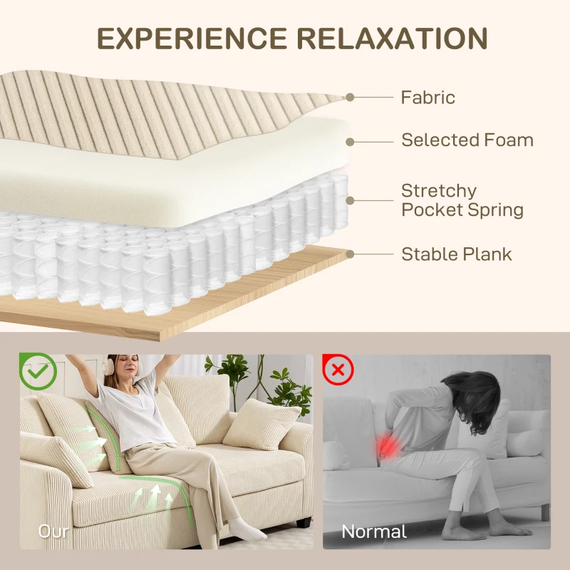 HOMCOM Corduroy Couch, 3 Seater Sofa, Modern Upholstered Couch with Curved Armrests and 8 Removable Pillows, Beige