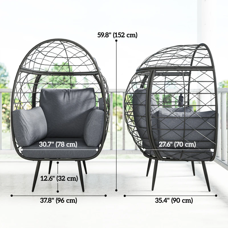 Outsunny Rattan Egg Chair, Indoor Outdoor Lounger with Cushions and Cup Holder for Backyard, Garden, Lawn, Living Room, Grey