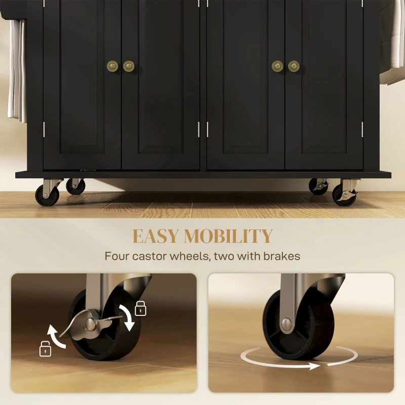 HOMCOM Rolling Kitchen Island with Rubber Wood Top and Storage, Spice Rack, Towel Rack, Black