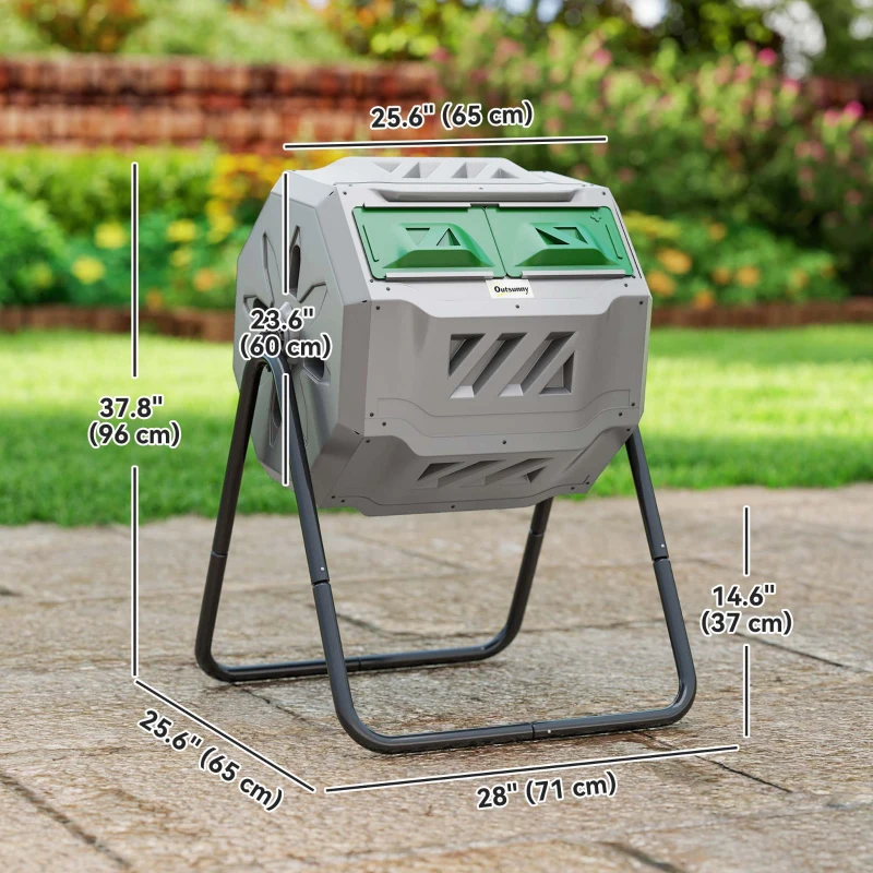 Outsunny Tumbling Compost Bin Outdoor Dual Chamber 360° Rotating Composter 43 Gallon with Sliding Doors, Dark Green