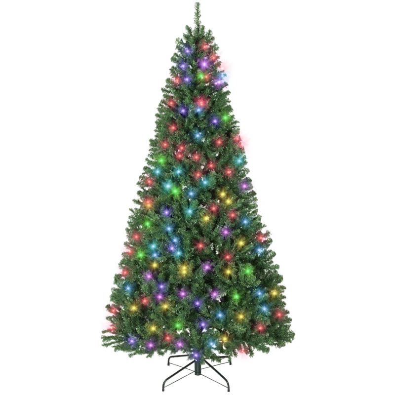 HOMCOM 7.5ft Prelit Christmas Tree with RGB Dynamic LEDs, Remote Control, Daily Timer, Hinged Xmas Tree, Easy Assembly