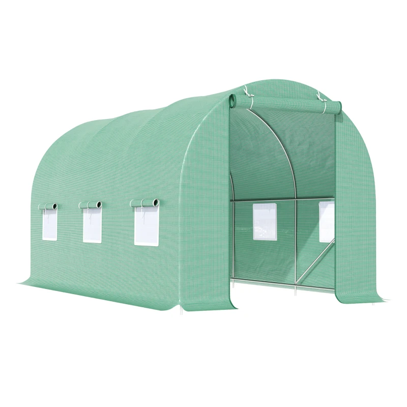 Outsunny 15' x 6.6' x 6.6' Walk-in Tunnel Greenhouse Garden Plant Seed Growing Warm House Outdoor Hot House w/ Roll Up Door, Windows, PE Cover Green