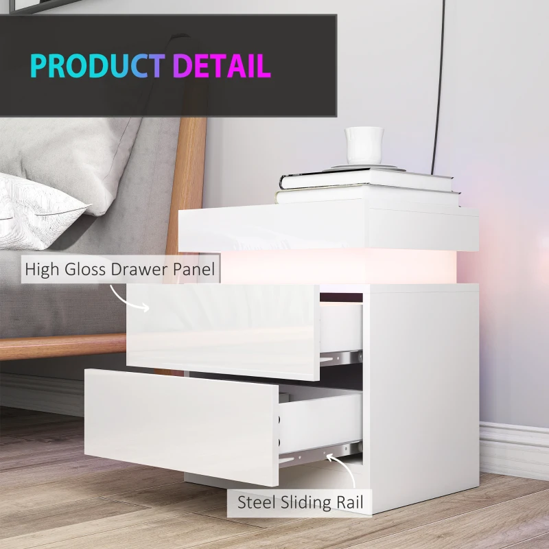 HOMCOM Nightstand Set of 2, End Side Tables with LED Lights, Bedside Tables with 2 Drawers, for Bedroom, White