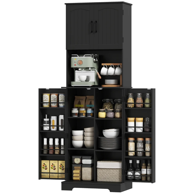 HOMCOM 71.5" Tall Pantry Cabinet, Farmhouse Kitchen Storage Cabinet with Adjustable Shelves, 8 Door Spice Racks, Black