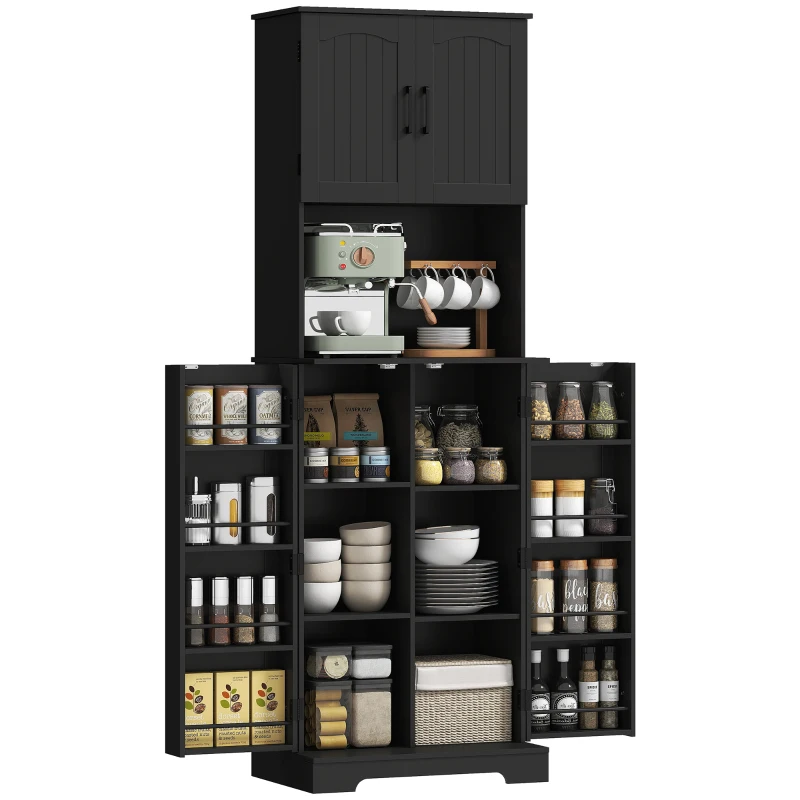 HOMCOM 71.5" Tall Pantry Cabinet, Farmhouse Kitchen Storage Cabinet with Adjustable Shelves, 8 Door Spice Racks, Black
