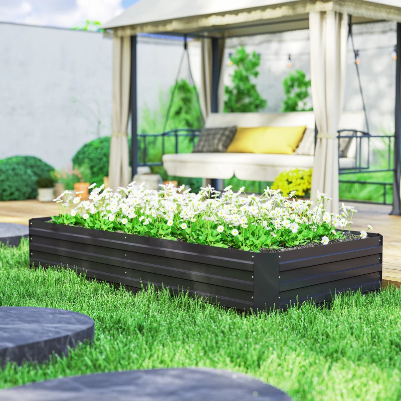 Outsunny 6' x 3' x 1' Raised Garden Bed with 2 Trellis Tomato Cages, Steel Frame Elevated Planter Box, Black