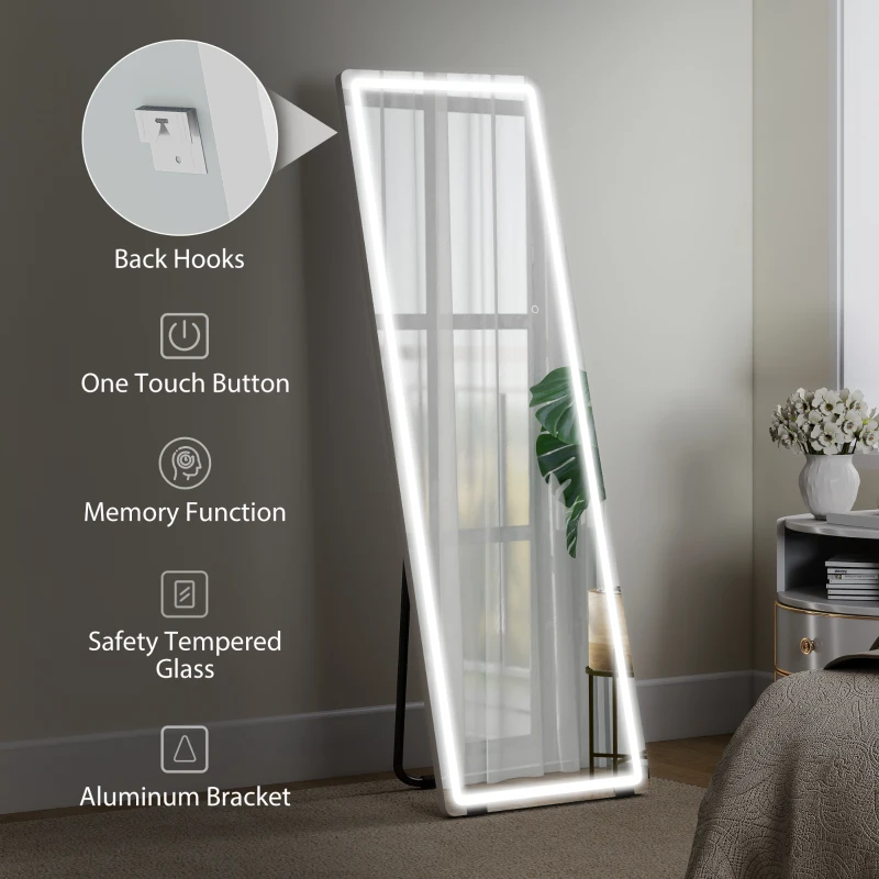 HOMCOM LED Full Length Mirror, Standing Body Mirror with 3 Colour Lighting for Bedroom Living Room