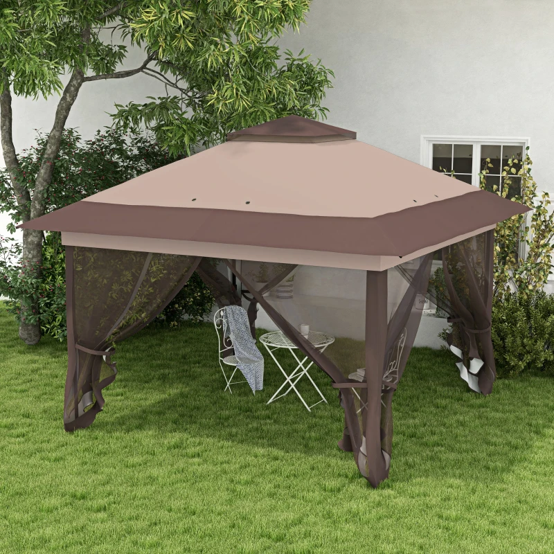 Outsunny 12' x 12' Foldable Pop-up Party Tent Instant Canopy Sun Shade Gazebo Shelter Steel Frame Oxford w/ Roller Bag, Brown
