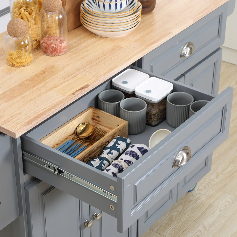 HOMCOM Kitchen Island with Storage, Rolling Kitchen Island with Drop Leaf, Rubber Wood Top and Adjustable Shelves, Grey