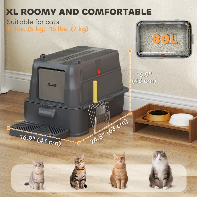 PawHut 80L XL Stainless Steel Cat Litter Box for Big Cats with Flip Cover, Pull-Out Drawer Tray, High Sided, Pedal, Dark Grey