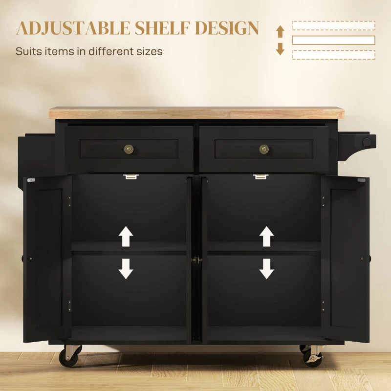 HOMCOM Rolling Kitchen Island with Rubber Wood Top and Storage, Spice Rack, Towel Rack, Black