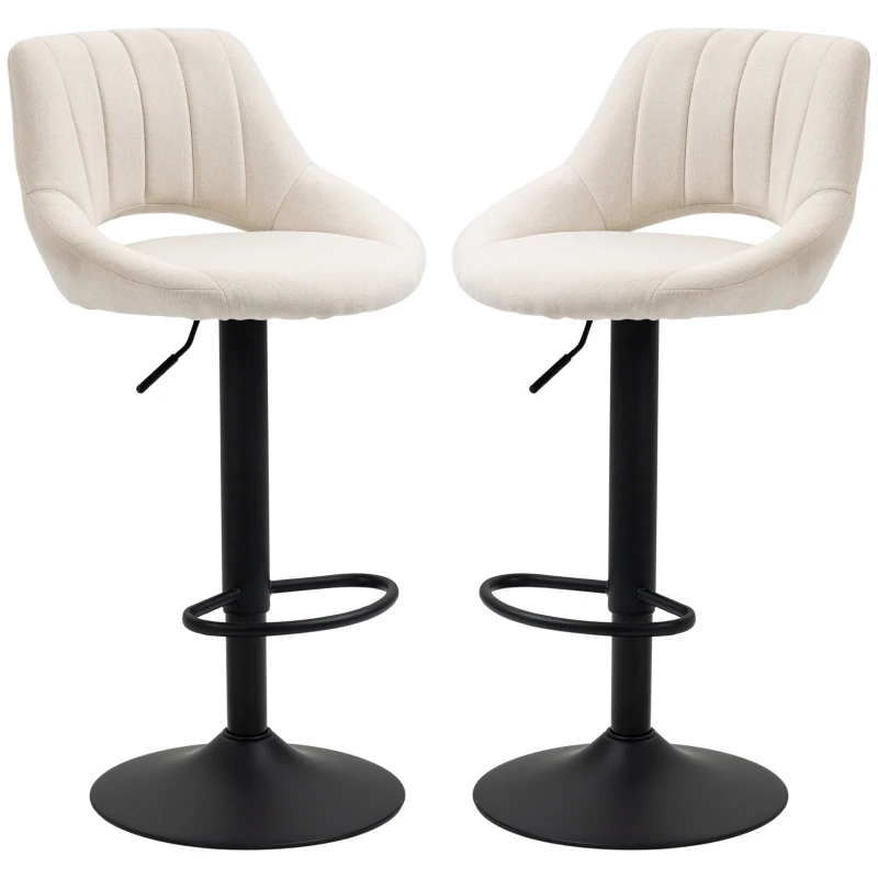 HOMCOM Bar Stools Set of 2, Swivel Counter Height Barstools with Adjustable Height, Linen Upholstered Bar Chairs with Round Metal Base and Footrest, Cream