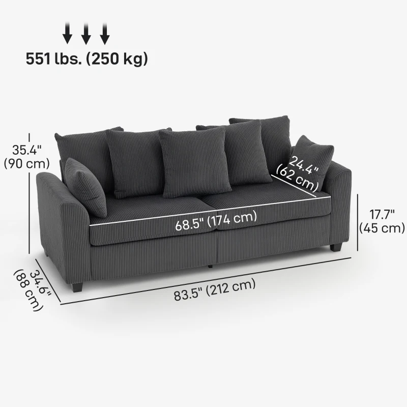 HOMCOM Corduroy Couch, 3 Seater Sofa, Modern Upholstered Couch with Curved Armrests and 8 Removable Pillows, Dark Grey