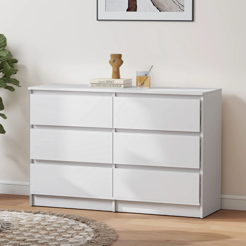 HOMCOM Wide Chest of Drawers, 6 Drawer Dresser for Bedroom, Living Room, Hallway, Modern Clothes Storage Organizer, White