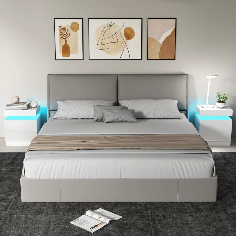 HOMCOM Nightstand Set of 2, End Side Tables with LED Lights, Bedside Tables with 2 Drawers, for Bedroom, White