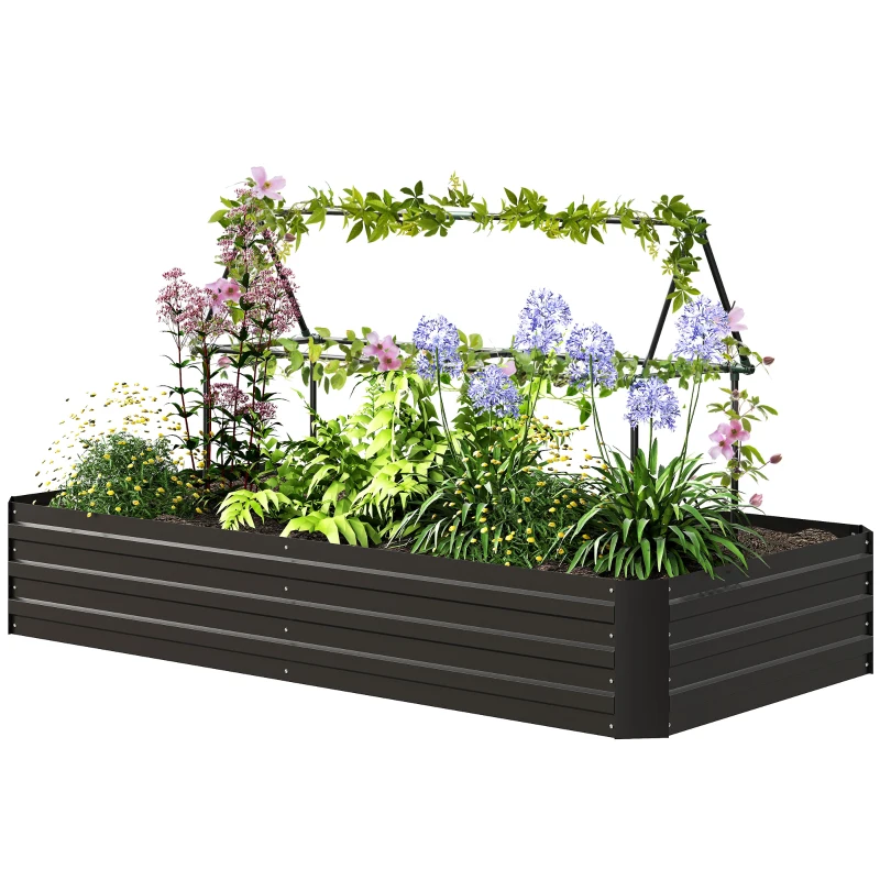Outsunny 6' x 3' x 1' Raised Garden Bed with 2 Trellis Tomato Cages, Steel Frame Elevated Planter Box, Black