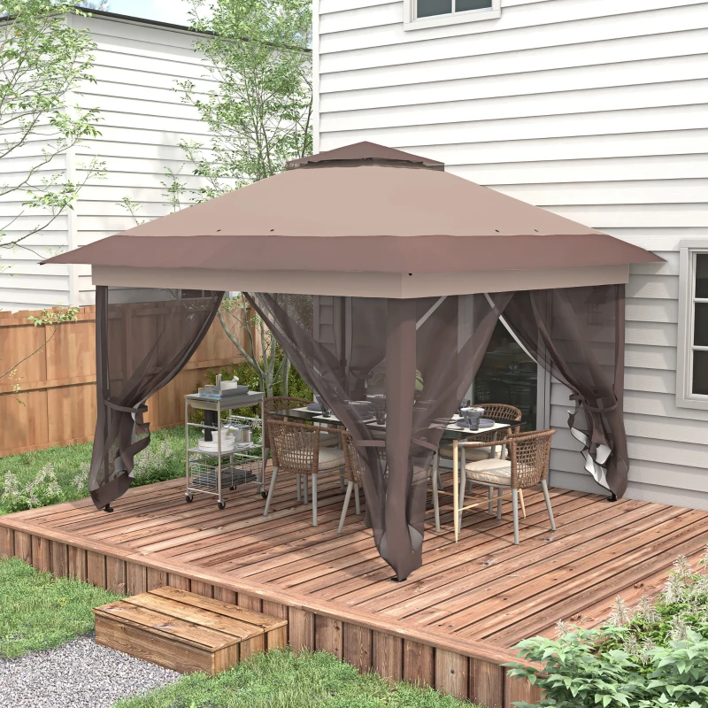 Outsunny 12' x 12' Foldable Pop-up Party Tent Instant Canopy Sun Shade Gazebo Shelter Steel Frame Oxford w/ Roller Bag, Brown