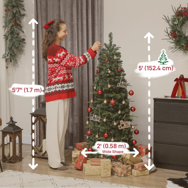 HOMCOM 5 ft Prelit Pop Up Christmas Tree, Collapsible Artificial Xmas Tree with Metal Stand for Holiday Decor, Green