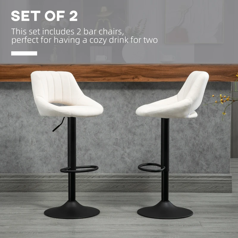 HOMCOM Bar Stools Set of 2, Swivel Counter Height Barstools with Adjustable Height, Linen Upholstered Bar Chairs with Round Metal Base and Footrest, Cream