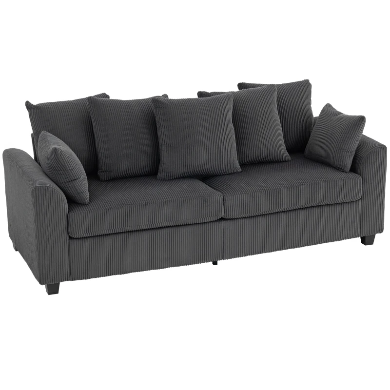 HOMCOM Corduroy Couch, 3 Seater Sofa, Modern Upholstered Couch with Curved Armrests and 8 Removable Pillows, Dark Grey