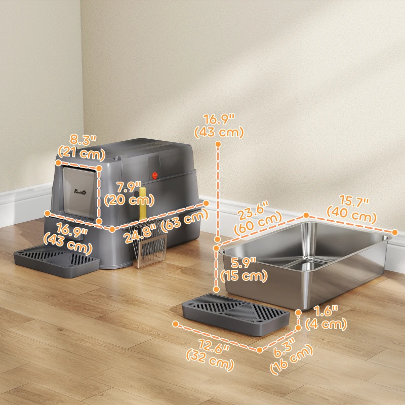 PawHut 80L XL Stainless Steel Cat Litter Box for Big Cats with Flip Cover, Pull-Out Drawer Tray, High Sided, Pedal, Dark Grey